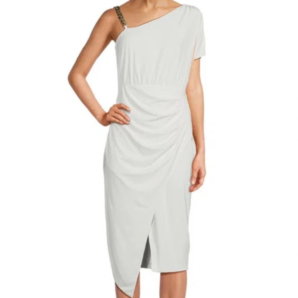 🆕 Guess White One-Shoulder Chain Detail Asymmetric Dress Greek-Inspired Style 14